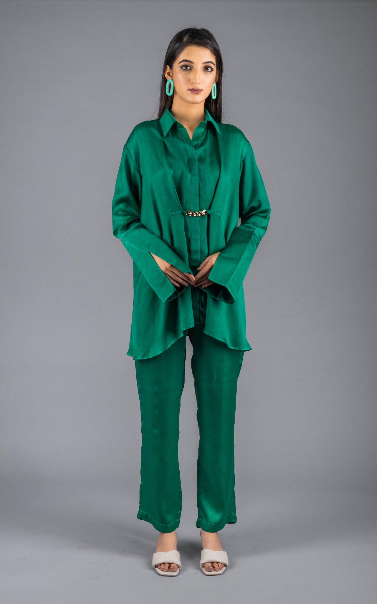 Pista Green Linen Blend Co-ord Set with Satin Finish