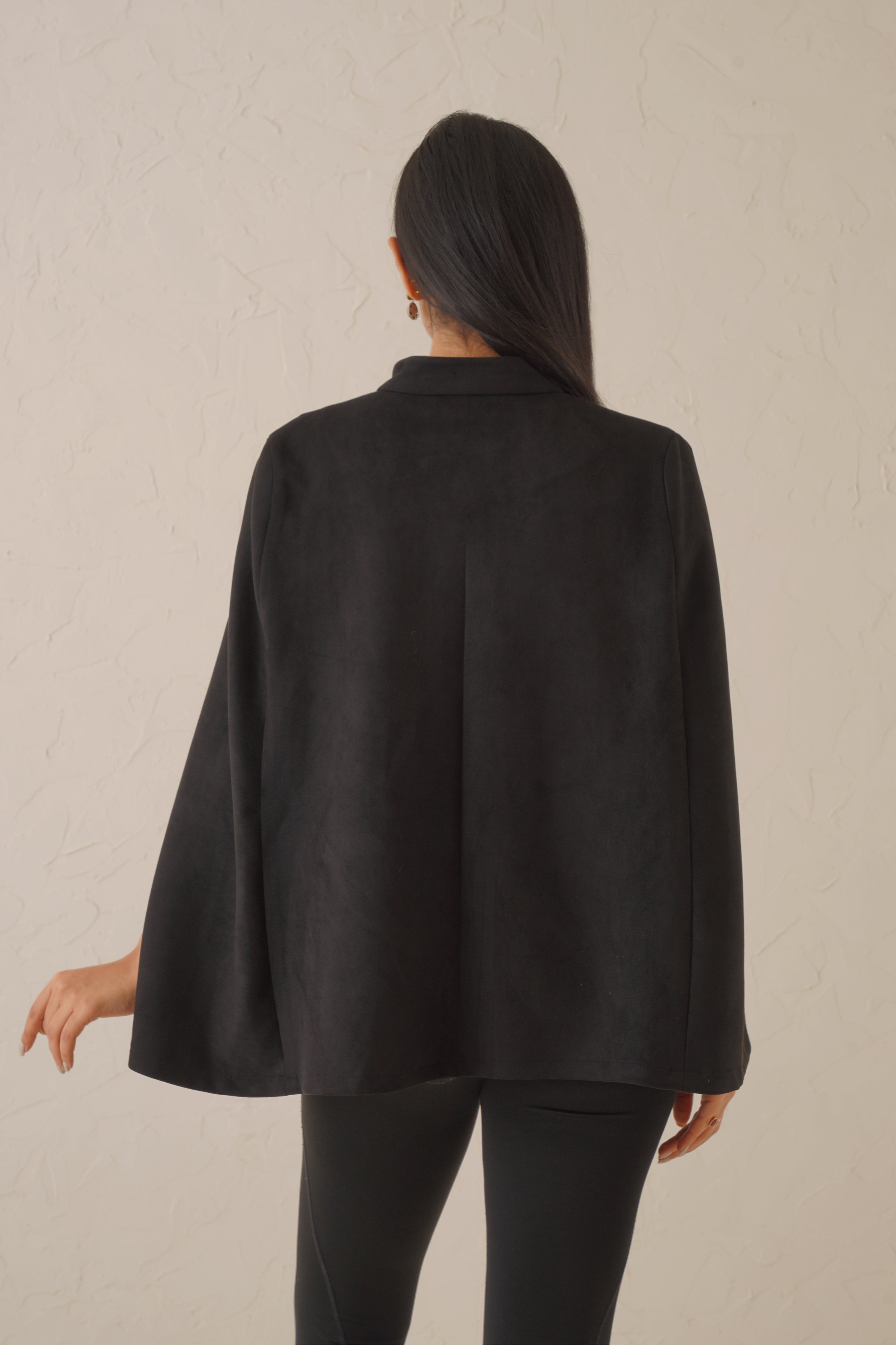 Black Suede Cape With Embroidered Pockets