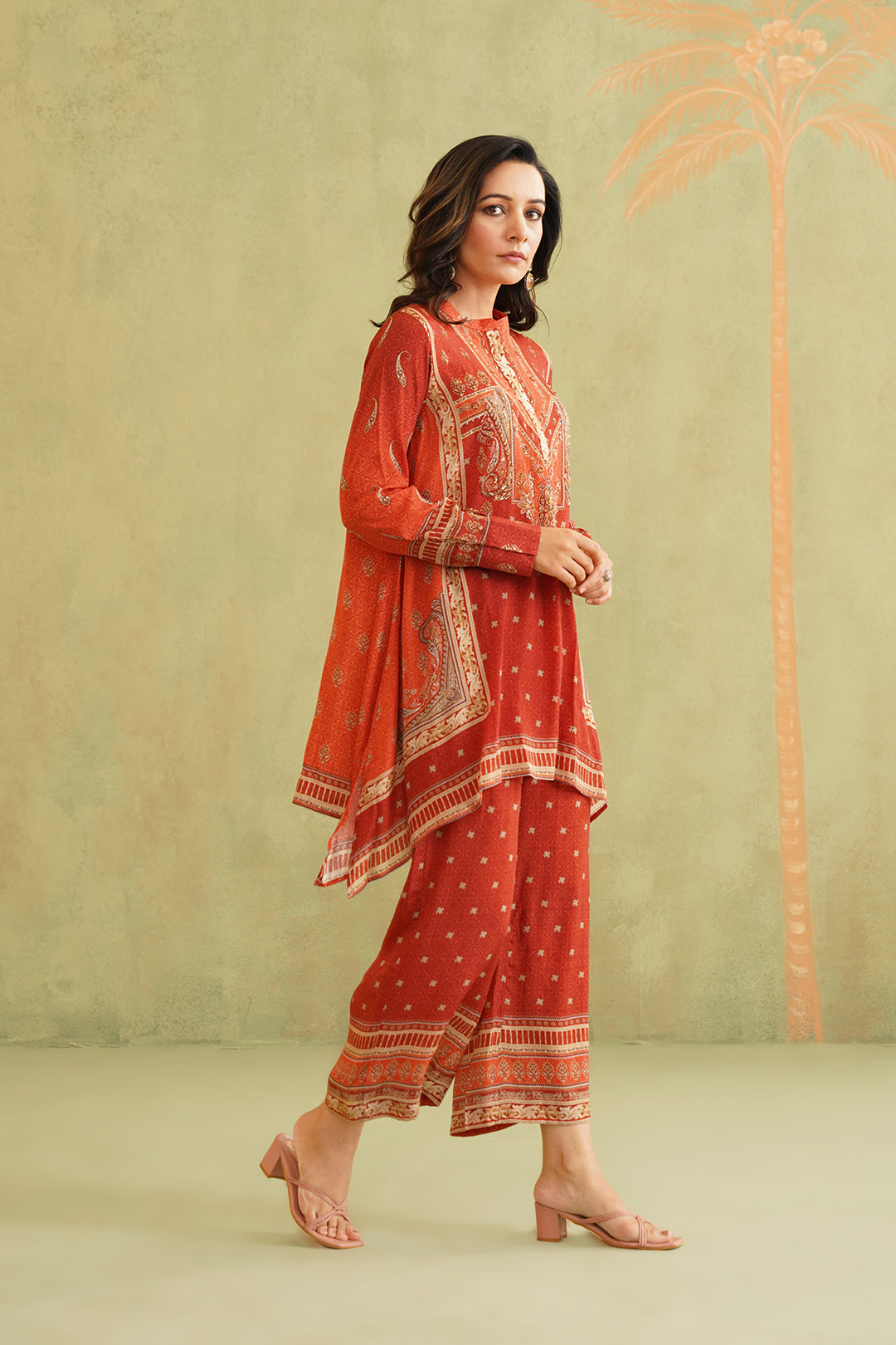 Terracotta Hand Embroidered Crepe Matching Set