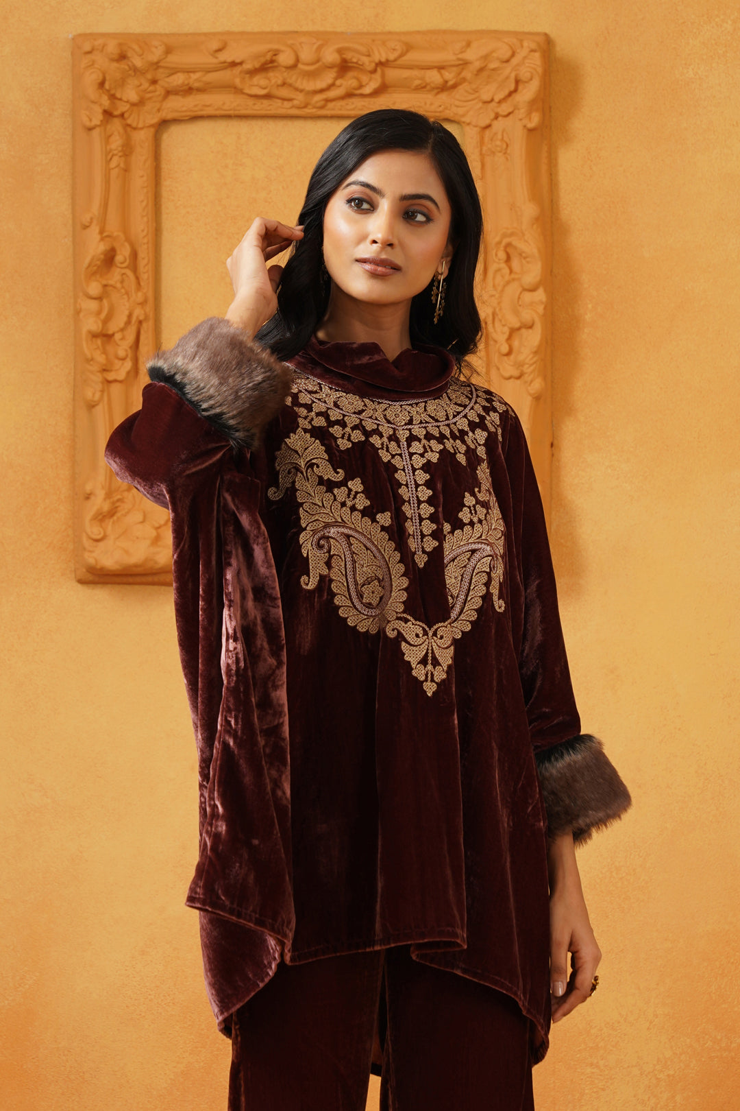 Aqsa Embroidered Velvet Poncho Only