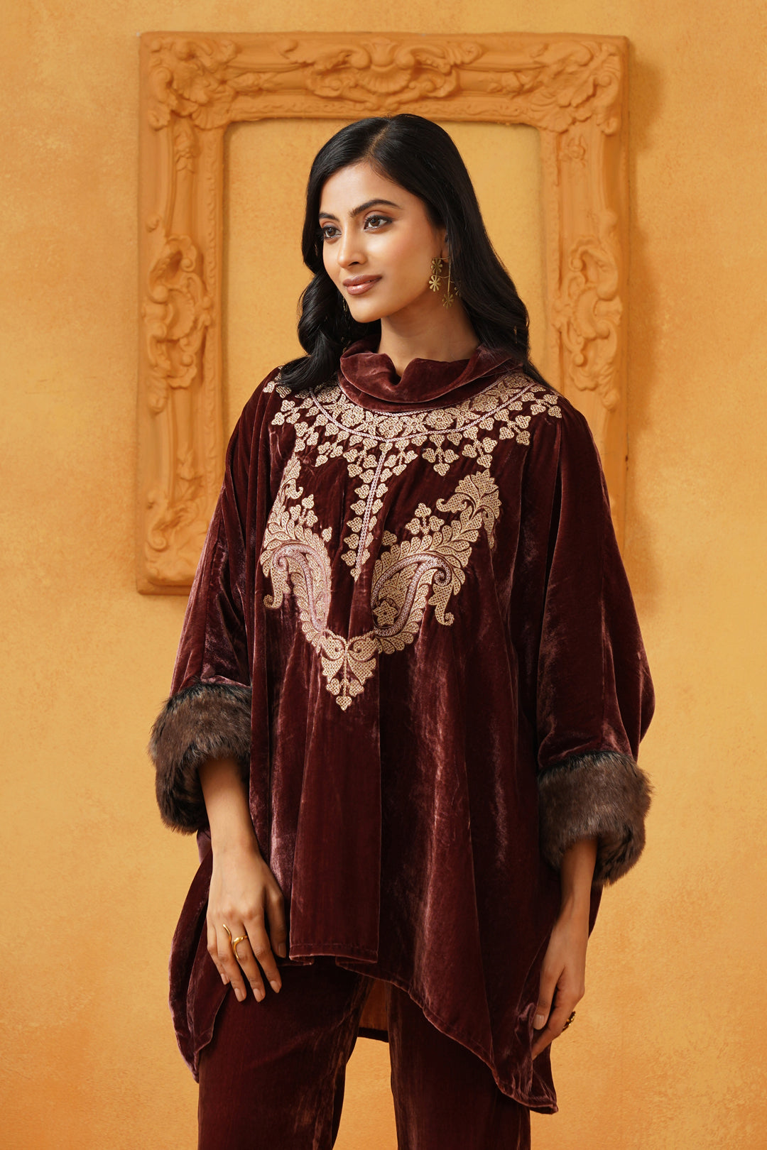 Aqsa Embroidered Velvet Poncho Only