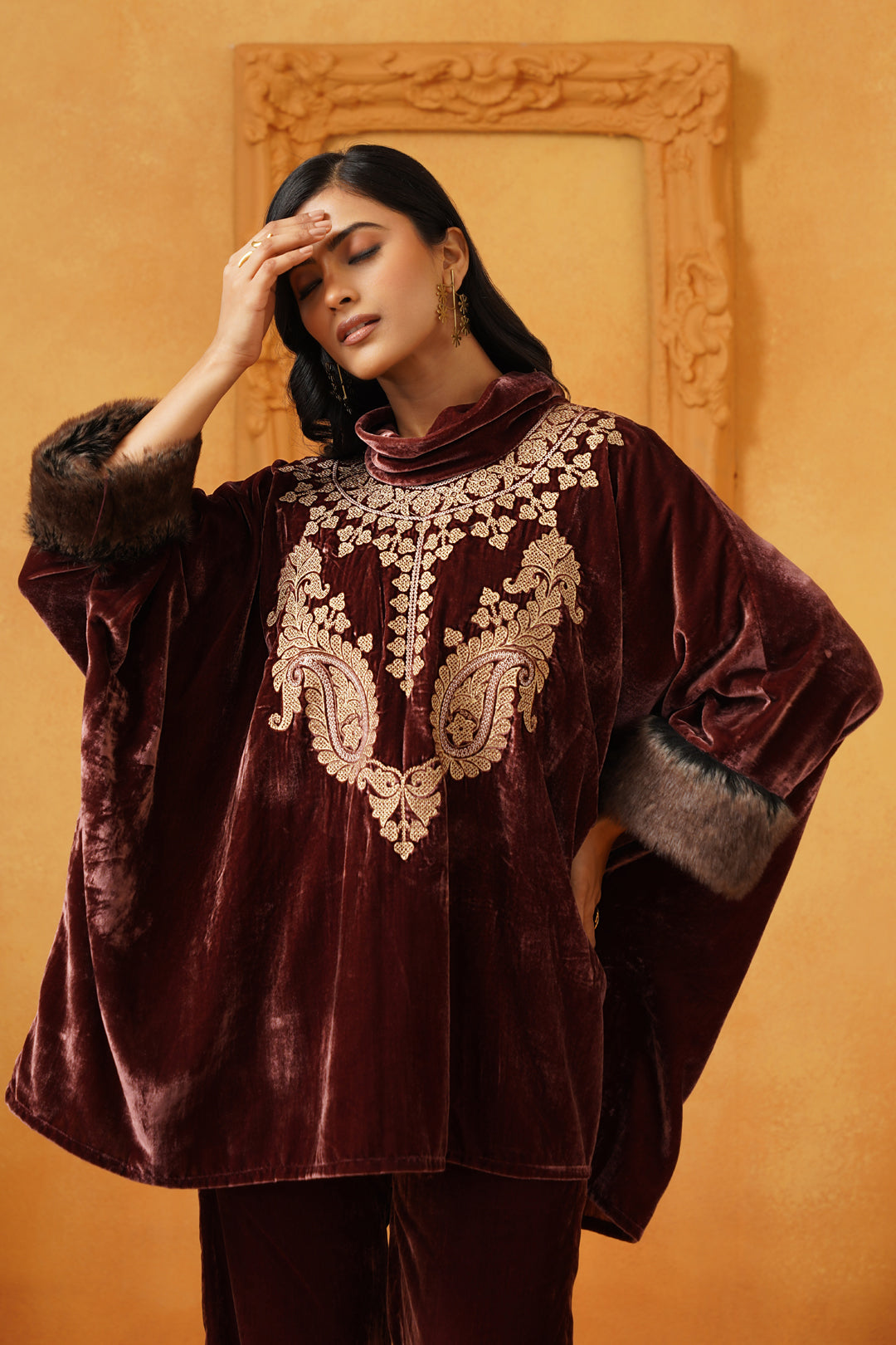 Aqsa Embroidered Velvet Poncho Only