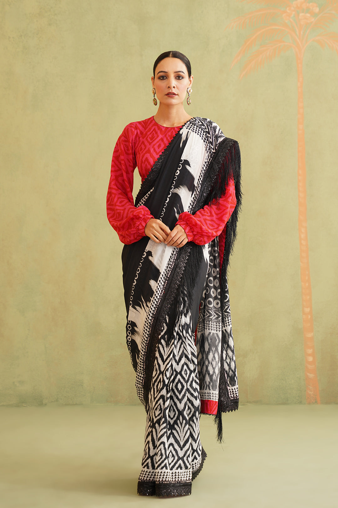 Black and White Pre-Draped Tassel Stitched Saree