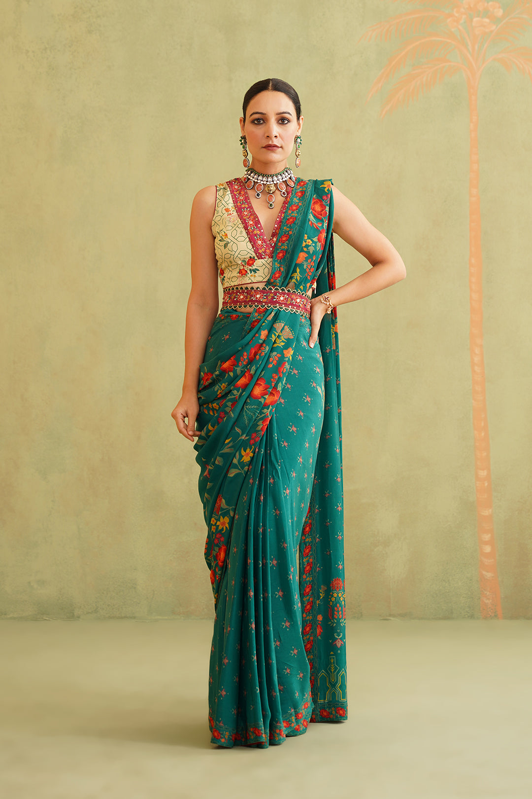 Sitara Pre-Draped Crepe Embroidered Saree With Belt