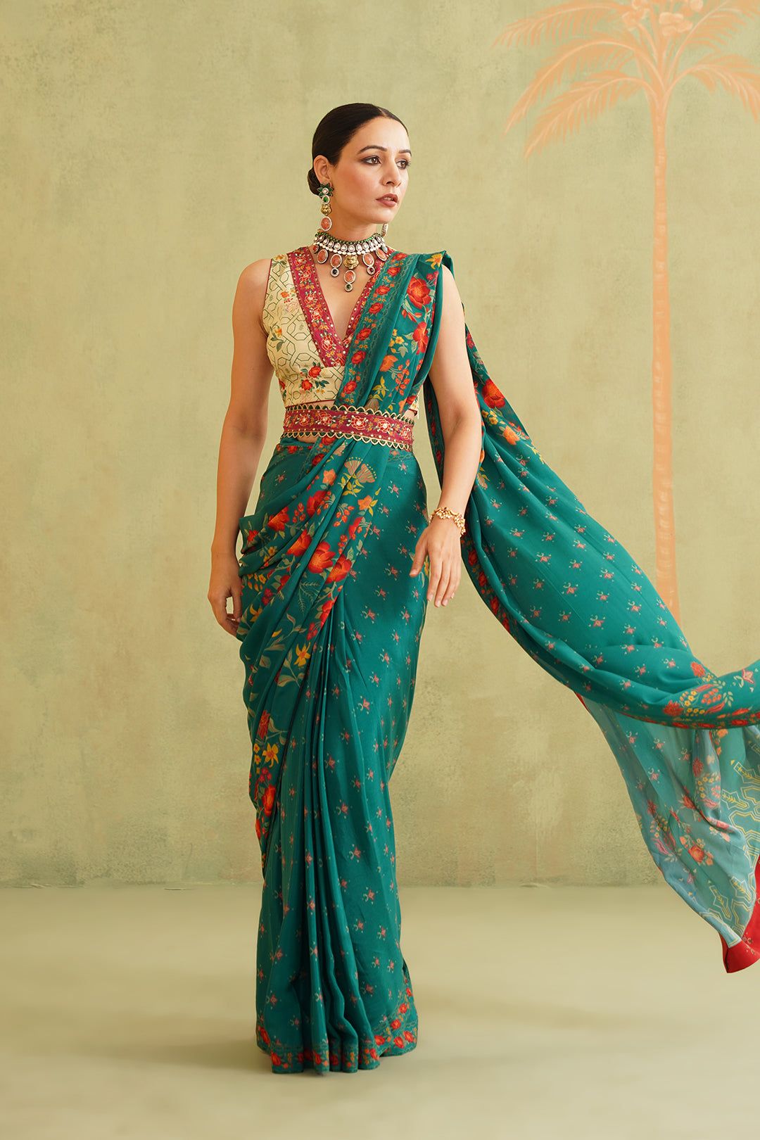 Sitara Pre-Draped Crepe Embroidered Saree With Belt