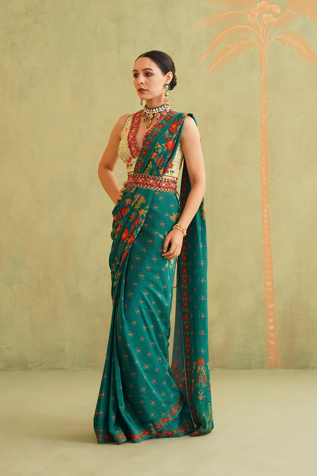 Sitara Pre-Draped Crepe Embroidered Saree With Belt