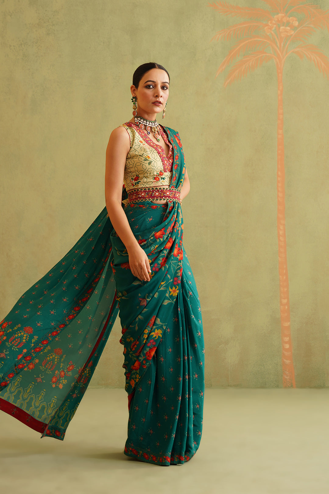 Sitara Pre-Draped Crepe Embroidered Saree With Belt