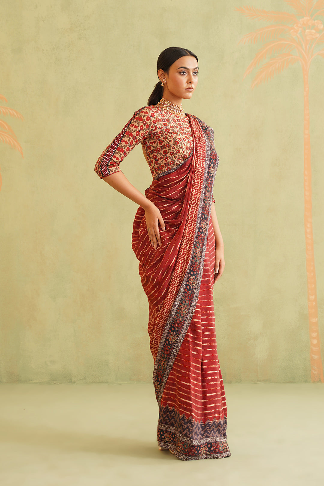 Rida Pre-Draped Printed Crepe Stitched Saree