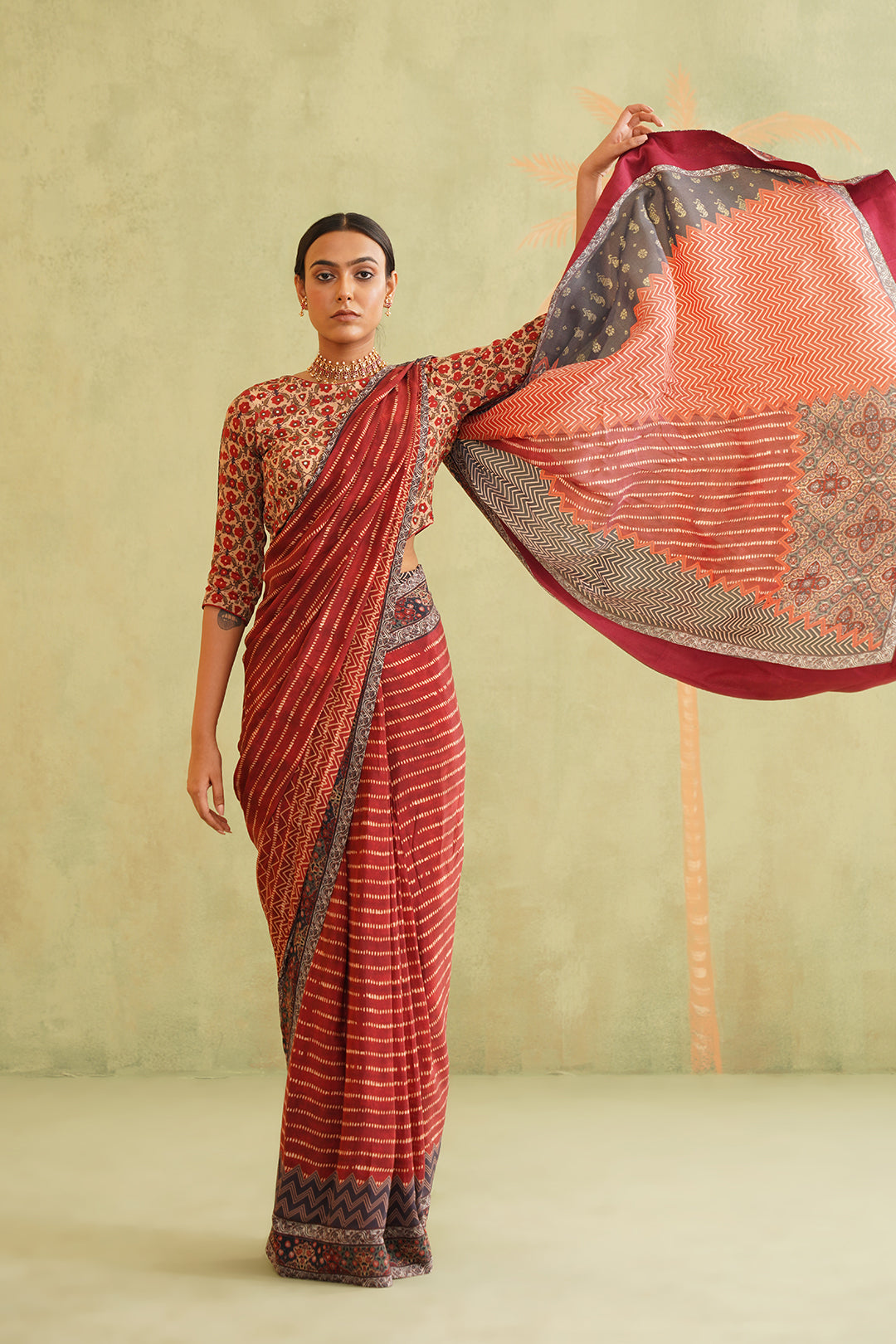 Rida Pre-Draped Printed Crepe Stitched Saree