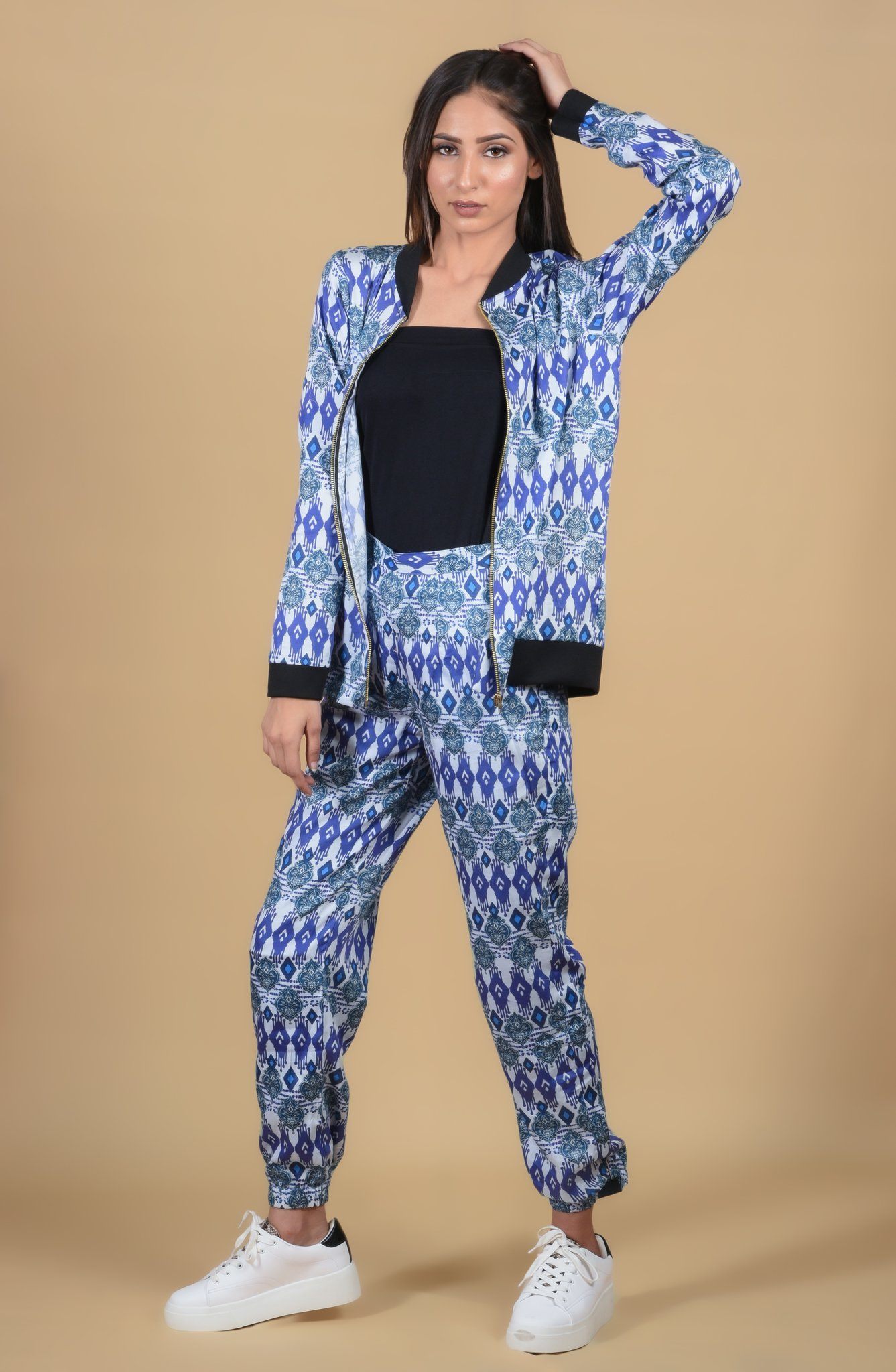 Blue & White Tribal Cotton Jogger Set - Neetika Chopra