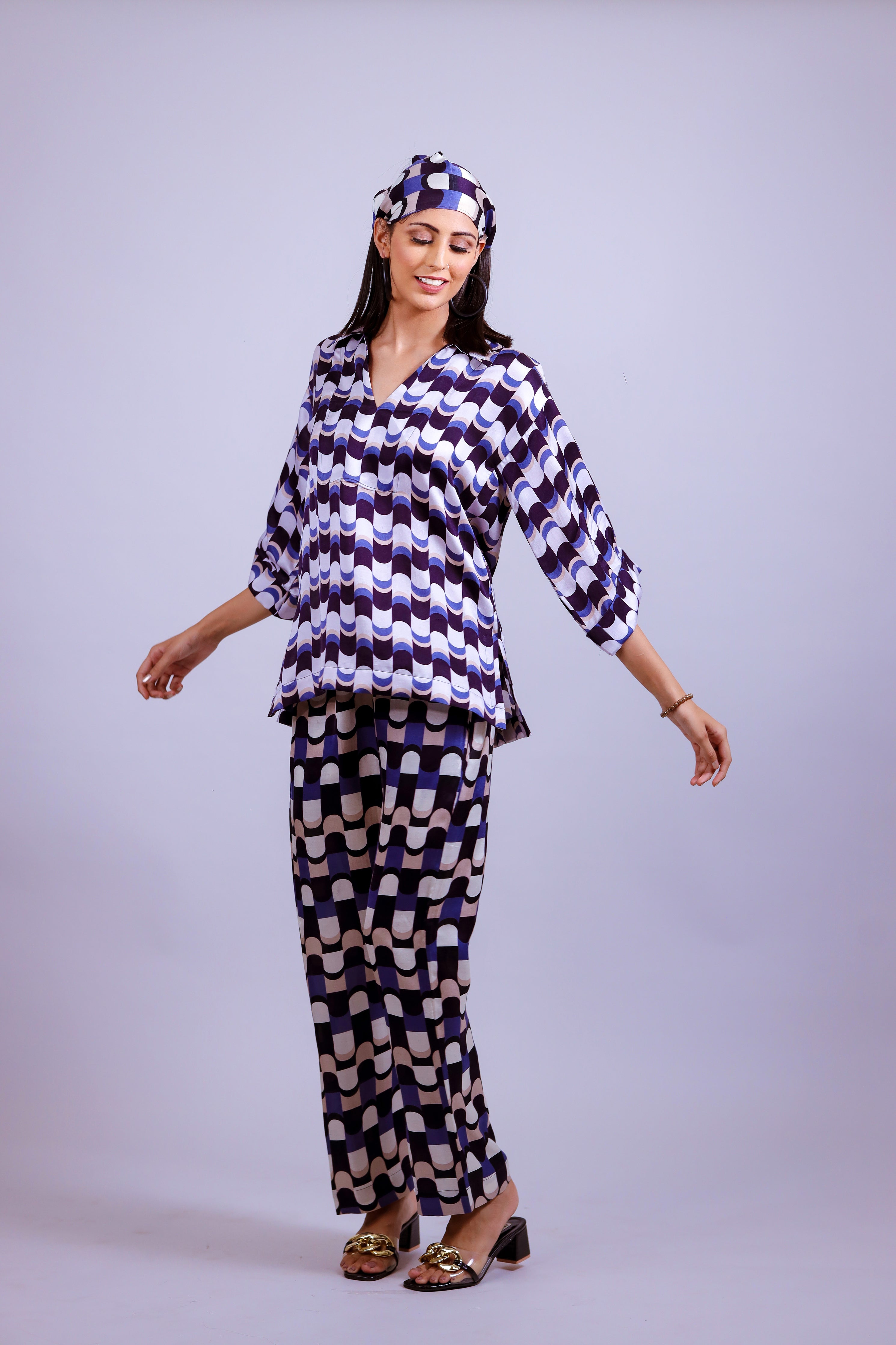 Blue Tetris Co-ord Set With Head Scarf